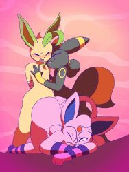 Rule 34 | 1boy, 2girls, anthro on antro, arms tied behind, arms tied together, blush, creatures (company), espeon, furry, furry female, furry male, furry with furry, game freak, gen 2 pokemon, gen 4 pokemon, glasses, glasses on head, group sex, heart, leafeon, multiple girls, nintendo, pokemon, rime the vixen, sex, smile, bad tag, umbreon