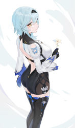 Rule 34 | 1girl, absurdres, aqua hair, artist request, ass, bare shoulders, black thighhighs, breasts, eula (genshin impact), flower, from above, from behind, genshin impact, gloves, hairband, highres, large breasts, long hair, looking at viewer, looking back, looking up, shiny clothes, short shorts, shorts, sideboob, simple background, solo, thighhighs, thighs, white background, yellow eyes