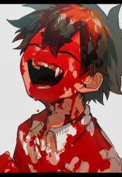 Rule 34 | 1boy, :d, ^ ^, black hair, blood, blood drip, blood on clothes, blood on face, blood on hands, clenched hand, closed eyes, collared shirt, dripping, closed eyes, hair between eyes, highres, male focus, open mouth, original, shinagire (sinanohaka), shirt, smile, solo, white background, white shirt