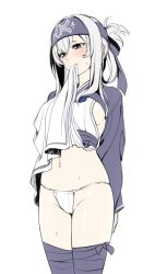 Rule 34 | 10s, 1girl, arms behind back, bandaged leg, bandages, blush, breasts, clothes lift, cowboy shot, embarrassed, flat color, folded ponytail, from below, fundoshi, groin, headband, japanese clothes, kamoi (kancolle), kantai collection, kinosuke (sositeimanoga), lifting own clothes, long hair, long sleeves, looking away, looking down, medium breasts, mouth hold, navel, panties, pelvic curtain, pink panties, purple eyes, sash, shiny skin, sideboob, sidelocks, silver hair, simple background, solo, standing, stomach, sweat, tabard, teardrop, tsurime, underwear, white background