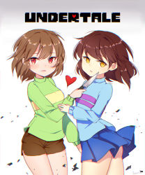 Rule 34 | 2girls, ass, bad id, bad pixiv id, blonde hair, blue shirt, blue skirt, bob cut, brown hair, brown shorts, chara (undertale), closed mouth, female frisk (undertale), frisk (undertale), goyain, gradient background, green shirt, heart, highres, holding, holding hands, holding knife, holding weapon, knife, looking at viewer, multiple girls, red eyes, shirt, short hair, shorts, simple background, skirt, striped clothes, striped shirt, undertale, weapon, white background, yellow eyes