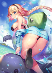 Rule 34 | 1girl, ass, bag, bikini, black bikini, black hairband, blonde hair, blue eyes, blue hoodie, blush, braid, breasts, commentary request, day, dolphin, fate/grand order, fate (series), hairband, hmk84, hood, hoodie, jeanne d&#039;arc (fate), jeanne d&#039;arc (ruler) (fate), jeanne d&#039;arc (swimsuit archer) (fate), jeanne d&#039;arc (swimsuit archer) (first ascension) (fate), kantai collection, lens flare, long braid, long hair, looking back, ocean, sandals, sideboob, single braid, smile, solo, swimsuit, very long hair