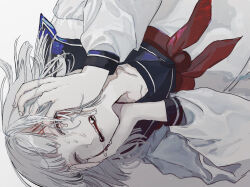 Rule 34 | 1girl, closed eyes, collarbone, colored skin, commentary, crying, fang, grey background, grey hair, grey skin, hands on own face, hands up, highres, long sleeves, neckerchief, numata zombie, original, out of frame, sailor collar, saliva, school uniform, serafuku, short hair, simple background, solo, symbol-only commentary, tears, teeth, upper body