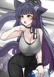 Rule 34 | 1girl, absurdres, alternate costume, animal ears, arknights, black choker, black hair, black pants, blush, breasts, cat ears, cat girl, cat tail, choker, collarbone, commentary, covered navel, english commentary, floppy ears, grey sports bra, hand up, high-waist pants, highres, holding, holding towel, jessica (arknights), k0ng, large breasts, leaning forward, looking to the side, open mouth, pants, ponytail, solo, sports bra, sweat, tail, towel, watch, wet, wet clothes, wide hips, wristwatch