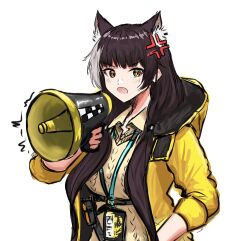 Rule 34 | 1girl, anger vein, animal ear fluff, animal ears, black hair, blush, brown shirt, collared shirt, commentary, girls&#039; frontline, grey hair, hair over shoulder, heterochromia, highres, holding, hood, hood down, hooded jacket, jacket, long hair, long sleeves, looking at viewer, low twintails, megaphone, multicolored hair, open clothes, open jacket, open mouth, red eyes, rennn (ilobeste), ro635 (girls&#039; frontline), shirt, simple background, solo, streaked hair, sweater vest, symbol-only commentary, twintails, upper body, v-shaped eyebrows, very long hair, white background, yellow eyes, yellow jacket