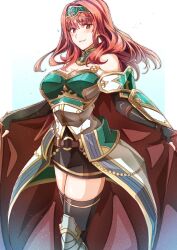 Rule 34 | 1girl, absurdres, armor, breastplate, cape, celica (fire emblem), dress, earrings, fingerless gloves, fire emblem, fire emblem echoes: shadows of valentia, fire emblem heroes, gloves, highres, holding, holding cape, holding clothes, jewelry, long hair, looking at viewer, nintendo, red eyes, red hair, smile, solo, tiara, to (tototo tk)