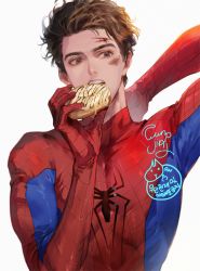 Rule 34 | 1boy, animification, commentary, doughnut, eating, english commentary, food, funpjinju, holding, holding food, male focus, marvel, muscular, peter parker, solo, spider-man, spider-man (series), spider web print, superhero costume, white background