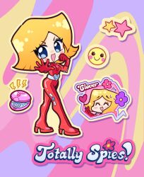 1girl abstract_background animification blonde_hair blue_eyes bodysuit catsuit cellphone chibi chibi_only clover_(totally_spies) english_text flip_phone flower happy heart looking_at_viewer oceaninspace phone red_bodysuit smile solo standing totally_spies whoop_catsuit