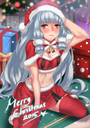 Rule 34 | 10s, 1girl, arm up, blunt bangs, blush, boots, breasts, capelet, christmas, christmas ornaments, christmas tree, cleavage, deras, fur-trimmed boots, fur trim, gift, gloves, hat, kantai collection, knee boots, kneeling, long hair, looking at viewer, midriff, murakumo (kancolle), navel, orange eyes, red footwear, santa boots, santa costume, santa hat, silver hair, small breasts, snow, solo, thighhighs
