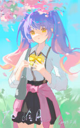 Rule 34 | 1girl, 2023, absurdres, black skirt, blue hair, blue nails, blue sky, bow, cherry blossoms, clothes around waist, colored eyelashes, commentary, cowboy shot, dated, day, falling petals, gradient hair, gyaru, hair between eyes, hands up, high-waist skirt, highres, kogal, kohibari kurumi, long hair, long sleeves, looking at viewer, multicolored hair, nail polish, open mouth, orange hair, outdoors, pastel colors, petals, pink hair, pleated skirt, school uniform, shirt, sidelighting, signature, skirt, sky, solo, standing, suspender skirt, suspenders, tenshi souzou re-boot!, twintails, wavy hair, white shirt, yazawa yuki, yellow bow, yellow eyes, yellow nails