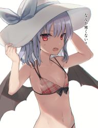 Rule 34 | 1girl, bare arms, bare shoulders, bat wings, bikini, black wings, blue bow, blue hair, bow, fang, flat chest, hat, hat bow, long hair, looking at viewer, nazuka (mikkamisaki), open mouth, plaid, plaid bikini, red eyes, remilia scarlet, simple background, solo, sun hat, swimsuit, touhou, upper body, white background, white hat, wings