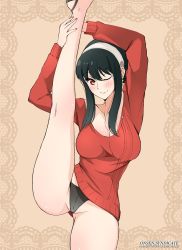 Rule 34 | 1girl, arms up, artist name, black panties, blush, breasts, closed mouth, gs (onsen syndicate), hairband, highres, large breasts, leg up, long hair, looking at viewer, nail polish, no pants, one eye closed, panties, red nails, red sweater, sidelocks, smile, solo, split, spy x family, standing, standing on one leg, standing split, sweater, thighs, underwear, white hairband, yor briar