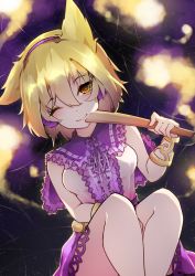 Rule 34 | 1girl, ;), bangle, belt, blonde hair, blush, bracelet, breasts, center frills, chiroru (cheese-roll), commentary, earmuffs, feet out of frame, frilled shirt collar, frills, hair between eyes, hand up, highres, holding, jewelry, knees up, looking at viewer, medium breasts, neck ribbon, one eye closed, pink shirt, pointy hair, purple ribbon, purple skirt, ribbon, ritual baton, shirt, short hair, sitting, skirt, smile, solo, touhou, toyosatomimi no miko, yellow belt, yellow eyes