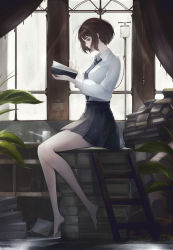 Rule 34 | 1girl, absurdres, barefoot, black necktie, black skirt, book, book stack, breasts, brown hair, collared shirt, commentary request, curtains, from side, hands up, highres, holding, holding book, indoors, intravenous drip, ladder, long sleeves, looking away, looking down, marumoru, necktie, open book, original, pleated skirt, profile, puffy long sleeves, puffy sleeves, shirt, short hair, sitting, skirt, small breasts, solo, white shirt, window