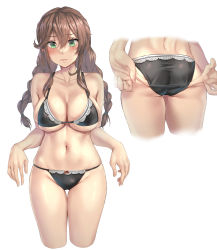 Rule 34 | 1girl, adjusting clothes, ass, black bra, black panties, blush, bra, braid, breasts, brown hair, closed mouth, collarbone, commission, cropped legs, green eyes, groin, hair between eyes, highres, kantai collection, kokuzou, large breasts, long hair, multiple views, navel, noshiro (kancolle), panties, sidelocks, simple background, skeb commission, swimsuit, twin braids, underwear, underwear only, white background