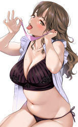 Rule 34 | blush, bra, breasts, brown hair, cleavage, large breasts, long hair, looking at viewer, mask, unworn mask, mole, mole on breast, open clothes, open shirt, panties, side-tie panties, simple background, tongue, tongue out, toro tarou, underwear, white background