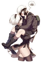 Rule 34 | 1boy, 1girl, aki663, ass, backpack, bag, black dress, black thighhighs, blindfold, carrying, closed mouth, couple, cowboy shot, dress, embarrassed, expressionless, from side, hairband, looking away, nier (series), nier:automata, no panties, short dress, short hair, simple background, spoken squiggle, squiggle, sweatdrop, thighhighs, thighs, thought bubble, twitter username, white background, white hair, 2b (nier:automata), 9s (nier:automata)