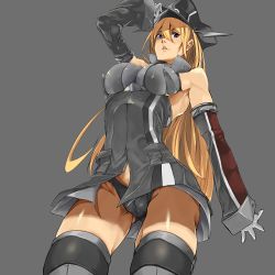 Rule 34 | 10s, 1girl, arm up, bad id, bad pixiv id, bare shoulders, bismarck (kancolle), black panties, blonde hair, blue eyes, breasts, cameltoe, cowboy shot, detached sleeves, grey background, grey thighhighs, hat, highres, impossible clothes, kantai collection, kiyomasa f, large breasts, long hair, panties, pantyshot, peaked cap, sitting, solo, thighhighs, underwear, very long hair