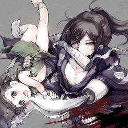 Rule 34 | 1boy, 1girl, absurdres, amputee, arm around waist, arm blade, black eyes, black hair, blood, child, dororo (character), dororo (tezuka), flat chest, grey background, highres, hyakkimaru (dororo), japanese clothes, mouth hold, open mouth, ponytail, prosthesis, prosthetic weapon, red eyes, serious, sharp teeth, socks, teeth, tetsuwan woopie, tomboy, weapon