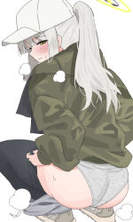 Rule 34 | 1girl, blue archive, blush, closed mouth, green eyes, green jacket, grey hair, grey panties, halo, hare (blue archive), hare (camp) (blue archive), hat, highres, jacket, long hair, long sleeves, official alternate costume, panties, ponytail, shoes, simple background, sneakers, solo, squatting, tsumayouji (tumayog), underwear, white background, white hat, yellow halo