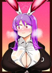 Rule 34 | 1girl, animal ears, black jacket, blazer, blush, breasts, breath, button gap, buttons, cleavage, closed mouth, collared shirt, commentary request, crescent, crescent pin, embarrassed, gradient background, hair between eyes, highres, huge breasts, jacket, kurodani yamame, long hair, looking to the side, nose blush, pink background, purple hair, rabbit ears, rabbit girl, red eyes, reisen udongein inaba, rinyamame, shirt, sidelocks, solo, touhou, upper body, white shirt
