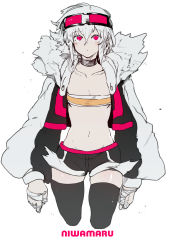 Rule 34 | 1girl, absurdres, bandaged hand, bandages, bandeau, black jacket, black shorts, black thighhighs, breasts, character name, cleavage, closed mouth, cropped legs, goggles, goggles on head, hair between eyes, highres, jacket, long sleeves, looking at viewer, navel, niwamaru (niwarhythm), niwarhythm, open clothes, open jacket, original, pink eyes, sanpaku, short shorts, shorts, simple background, small breasts, solo, strapless, thighhighs, tube top, white background, white hair