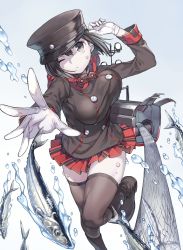 Rule 34 | 10s, 1girl, akitsu maru (kancolle), alternate costume, black hair, black shirt, black thighhighs, bouncing breasts, breasts, buttons, commentary request, fish, foreshortening, gloves, grey eyes, hair between eyes, hat, highres, kantai collection, large breasts, long sleeves, looking at viewer, machinery, one eye closed, pale skin, peaked cap, pleated skirt, reaching, reaching towards viewer, red skirt, rojiko, running, shirt, short hair, skirt, solo, thighhighs, water, white gloves