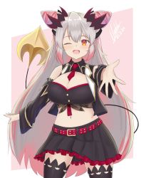 Rule 34 | 1girl, nanashi inc., ;d, absurdres, belt, between breasts, black bra, black skirt, black thighhighs, black vest, border, bra, breasts, cleavage, cone hair bun, cowboy shot, dated, demon girl, demon horns, demon tail, detached sleeves, grey hair, hair bun, highres, honey strap, horns, large breasts, long hair, looking at viewer, miniskirt, multicolored hair, natch imaycz, navel, necktie, necktie between breasts, one eye closed, open mouth, pink background, pleated skirt, red belt, red eyes, red hair, red necktie, signature, simple background, skirt, smile, solo, standing, suou patra, tail, thighhighs, underwear, very long hair, vest, virtual youtuber, white border, wide sleeves