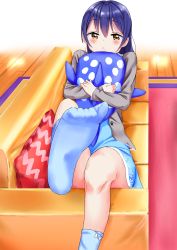 Rule 34 | 10s, 1girl, absurdres, bad id, bad twitter id, blue hair, blush, commentary request, couch, feet, hair between eyes, highres, long hair, looking at viewer, love live!, love live! school idol festival, love live! school idol project, lying, no shoes, on couch, open mouth, pajamas, saku (syake135), socks, solo, sonoda umi, stuffed animal, stuffed toy, whale shark, yellow eyes