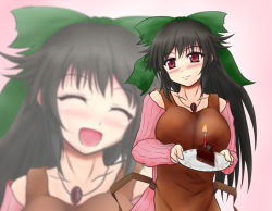 Rule 34 | 1girl, alternate costume, apron, azumax, blush, breasts, cake, candle, closed eyes, contemporary, detached sleeves, female focus, food, gradient background, happy, huge breasts, jewelry, long hair, necklace, open mouth, plate, red eyes, reiuji utsuho, ribbon, smile, solo, touhou, very long hair