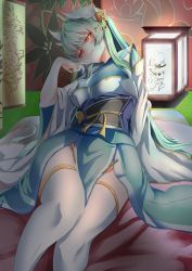 Rule 34 | 1girl, aqua hair, blush, breasts, fate/grand order, fate (series), futon, hair ornament, head tilt, horns, japanese clothes, kimono, kiyohime (fate), lantern, large breasts, long hair, looking at viewer, maxwell manzoku, paper lantern, sitting, smile, solo, thighhighs, white thighhighs, yellow eyes