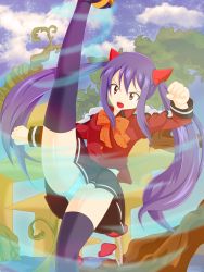 Rule 34 | 1girl, absurdres, arms up, black skirt, black thighhighs, blue panties, blue sky, bow, clenched hands, day, energy, fairy tail, female focus, hair ornament, highres, kicking, leg up, long hair, long sleeves, looking at viewer, mushroom, no shoes, open mouth, orange bow, orange eyes, orange footwear, outdoors, panties, partially visible vulva, planeptune, pleated skirt, purple hair, red shirt, sandals, shiny skin, shirt, shoes, skirt, sky, solo, spread legs, standing, standing on one leg, teeth, thighhighs, twintails, underwear, upskirt, wendy marvell