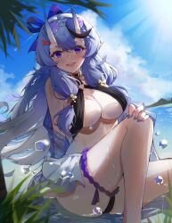 Rule 34 | 1girl, absurdres, beach, blue hair, blush, breasts, highres, horns, large breasts, long hair, looking at viewer, nijisanji, open mouth, purple eyes, rindou mikoto, sitting, smile, solo, summer, swimsuit, virtual youtuber, wet, yamasede neiko