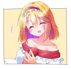 Rule 34 | 1girl, alice margatroid, bare shoulders, blonde hair, blush, capelet, closed eyes, dondyuruma, facing viewer, frilled hairband, frills, hairband, lolita hairband, medium hair, off shoulder, open mouth, red hairband, smile, solo, steepled fingers, touhou, white capelet