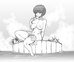 Rule 34 | 1girl, arm support, black eyes, black hair, blunt bangs, breasts, breasts apart, can, female focus, grass, groin, hand on own chest, hand up, holding, holding can, large breasts, legs, looking at viewer, monochrome, naked towel, navel, nipples, nude, onsen, ranma 1/2, short hair, simple background, smile, solo, steam, tendou nabiki, thighs, towel, water, yashiro a. marino