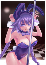 Rule 34 | 1girl, absurdres, armpit peek, blue eyes, braid, breasts, cleavage, covered navel, highres, large breasts, legs, leotard, looking at viewer, low twintails, neptune (series), playboy bunny, pole, purple hair, purple heart (neptunia), rabbit ears, smile, solo, thighs, tongue, tongue out, twin braids, twintails, wet