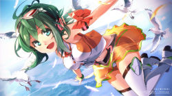 Rule 34 | 1girl, :d, ahoge, aqua eyes, armband, bad id, bad pixiv id, bare shoulders, bird, boots, dutch angle, feathers, flying, goggles, goggles on head, green hair, gumi, headphones, highres, midriff, navel, open mouth, outstretched arms, pemu, pomon illust, seagull, see-through, short hair, skirt, smile, solo, spread arms, thigh boots, thighhighs, vocaloid, white thighhighs