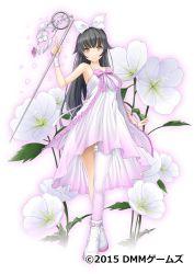 Rule 34 | 1girl, black hair, bow, brown eyes, closed mouth, copyright name, dmm, dress, flower knight girl, full body, hair bow, heart, highres, long hair, looking at viewer, name connection, object namesake, official art, pink bow, sitting, smile, solo, standing, tagme, thighhighs, tsukimisou (flower knight girl), twitter username, white background, white bow, white dress