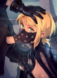 Rule 34 | 1boy, 1girl, bad id, bad twitter id, black gloves, blonde hair, blue eyes, breasts, fellatio, fellatio over clothes, fellatio under mask, gloves, hand on another&#039;s head, looking at viewer, mouth veil, nier:automata, nier (series), nipples, operator 21o, optionaltypo, oral, penis, saliva, see-through, short hair, shorts, small breasts, solo focus, veil, 9s (nier:automata)