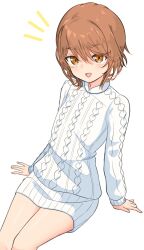 Rule 34 | 1girl, aran sweater, blush, brown eyes, brown hair, cable knit, commentary request, highres, kinuhata saiai, kuronoya50, looking at viewer, messy hair, open mouth, short hair, simple background, sitting, smile, solo, sweater, swept bangs, toaru majutsu no index, white background, white sweater