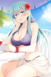 Rule 34 | 1girl, :d, alcohol, bikini, blush, breasts, chair, cleavage, collarbone, cup, day, drinking glass, flower, green eyes, green hair, hair between eyes, hair flower, hair ornament, jewelry, kantai collection, large breasts, long hair, open mouth, palm tree, parasol, purple bikini, red flower, red scrunchie, ring, rui shi (rayze ray), sarong, scrunchie, sitting, smile, solo, suzuya (kancolle), swimsuit, tree, umbrella, wedding band, white sarong, wine, wine glass, wrist scrunchie