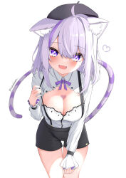 Rule 34 | 1girl, :3, absurdres, ahoge, animal ear fluff, animal ears, beret, black hat, black shorts, cat ears, cat girl, cat tail, cleavage cutout, clothing cutout, fang, feet out of frame, hair between eyes, hand on own knee, hat, heart, heart on chest, heart tattoo, highres, hololive, leaning forward, light blush, looking at viewer, medium hair, multicolored hair, neck ribbon, nekomata okayu, nekomata okayu (wonderland), official alternate costume, official alternate hair length, official alternate hairstyle, open mouth, purple eyes, purple hair, purple ribbon, ribbon, shorts, simple background, skin fang, smile, standing, streaked hair, striped tail, suspender shorts, suspenders, suspenders pull, tail, tattoo, twitter username, virtual youtuber, white background, yoshie eneko