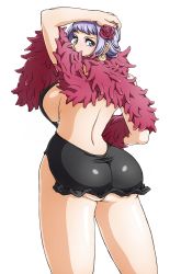 Rule 34 | 1girl, ass, blue eyes, breasts, carina (one piece), highres, huge breasts, looking at viewer, looking back, one piece, purple hair, sideboob, solo, standing, wrato