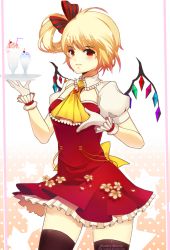 Rule 34 | 1girl, adapted costume, alternate costume, ascot, ayakohi, blonde hair, blush, breasts, character name, crystal, dress, flandre scarlet, flower, food, gloves, gradient background, hair ribbon, highres, ice cream, looking at viewer, medium breasts, no headwear, polka dot, polka dot background, puffy sleeves, red dress, red eyes, ribbon, short dress, short sleeves, side ponytail, smile, solo, star (symbol), thighhighs, touhou, watermark, web address, white gloves, wings, zettai ryouiki