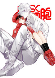 Rule 34 | 1boy, 1girl, absurdres, ae-3803, baseball cap, black eyes, black legwear, blouse, blush, boots, breast pocket, cabbie hat, chinese commentary, closed mouth, copyright name, couple, crossed ankles, expressionless, hair over one eye, hat, hataraku saibou, heads together, highres, jacket, knees up, looking at viewer, pants, pocket, red blood cell (hataraku saibou), red footwear, red hair, red headwear, red jacket, shirt, shoes, short hair, sitting, sitting on lap, sitting on person, size difference, socks, translated, u-1146, white blood cell (hataraku saibou), white footwear, white hair, white headwear, white legwear, white shirt, yellow eyes, zhenxiao (ada 6311)