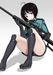 Rule 34 | 1girl, 3:, ahoge, alternate eye color, amatori chika, black footwear, black gloves, black hair, black shorts, blue jacket, bob cut, boots, brown eyes, closed mouth, convenient leg, emblem, feet out of frame, gloves, grey background, gun, hand up, highres, holding, holding gun, holding weapon, jacket, knee boots, knees up, light smile, long sleeves, looking at viewer, puru, rifle, scope, short hair, shorts, sitting, sniper rifle, solo, thighs, uniform, weapon, white background, world trigger