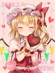 Rule 34 | 1girl, ascot, blonde hair, blush, bow, box, brooch, closed eyes, closed mouth, commentary request, crystal, dated, drill hair, flandre scarlet, flying sweatdrops, frilled shirt collar, frills, hair between eyes, hair bow, hands up, happy, happy valentine, hat, heart, heart-shaped box, highres, holding, holding box, jewelry, looking at viewer, medium hair, mob cap, nagisa shizuku, nervous, one side up, pink background, puffy short sleeves, puffy sleeves, red bow, red eyes, red skirt, red vest, shirt, short sleeves, simple background, skirt, solo, touhou, upper body, valentine, vest, white hat, white shirt, wings, wrist cuffs, yellow ascot