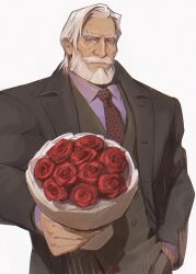 Rule 34 | 1boy, bara, beard, black suit, black vest, blue eyes, bouquet, business suit, closed mouth, collared shirt, dark-skinned male, dark skin, facial hair, flower, formal, grey background, hand in pocket, highres, holding, holding bouquet, jp (street fighter), large pectorals, long hair, looking at viewer, male focus, mature male, muscular, muscular male, mustache, necktie, old, old man, pectorals, purple shirt, reaching, reaching towards viewer, red flower, red necktie, red rose, rose, sa1k0p, shirt, simple background, solo, street fighter, street fighter 6, suit, thick beard, thick eyebrows, thick mustache, upper body, vest, waistcoat, white hair