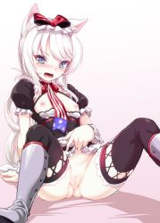 Rule 34 | 1girl, animal ears, arm support, ass, azur lane, black thighhighs, blue eyes, blush, boots, bow, breasts, cat ears, cat girl, clitoris, clothes lift, female focus, gradient background, hair bow, hammann (azur lane), highres, leaning back, long hair, looking at viewer, maid, nipples, no panties, open mouth, pussy, shiny skin, silver hair, simple background, sitting, small breasts, solo, spread legs, star (symbol), striped, tears, thighhighs, uncensored, vertical stripes, white background
