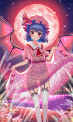 Rule 34 | 1girl, artist name, ascot, bat wings, blue hair, blurry, blurry foreground, blush, brooch, feet out of frame, garter straps, gem, hat, hat ribbon, highres, jewelry, kiramarukou, looking at viewer, mob cap, moon, outdoors, parted lips, pink hat, pink shirt, pink skirt, puffy short sleeves, puffy sleeves, red ascot, red eyes, red gemstone, red moon, red ribbon, remilia scarlet, ribbon, see-through, see-through silhouette, shirt, short hair, short sleeves, signature, skirt, skirt hold, sky, smile, solo, standing, star (sky), starry sky, thighhighs, touhou, twitter username, white thighhighs, wings